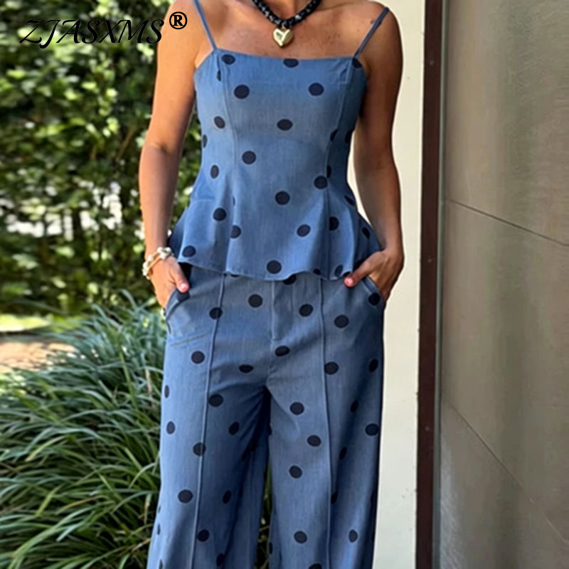 Suspender Tank Top - Vintage stippenprint chambray tweedelig pak dames,